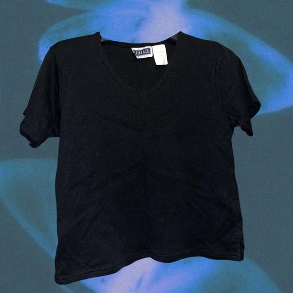 Erika & Co Tops - 90s Black V-neck short sleeve top  Measurements: Bust 36 in. (18 in flat)